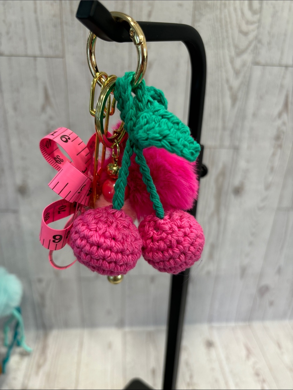 Handmade Pink Crochet Cherry Bag Charm with
